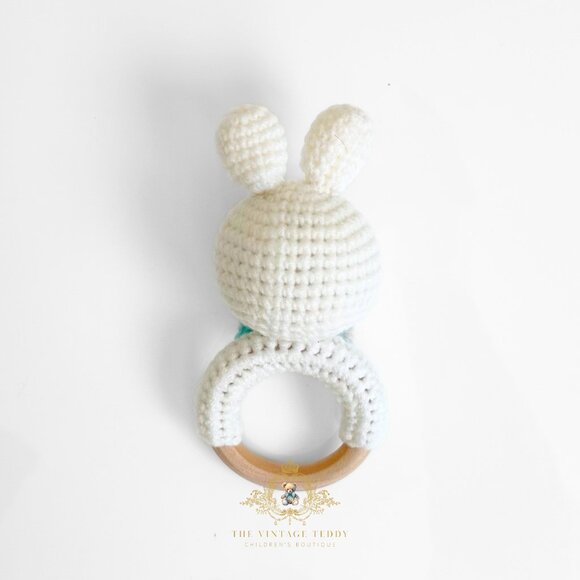 NWT Cute Handmade Crochet Bunny Baby Rattle Baby & Toddler Wooden Plush Toys - Picture 2 of 3